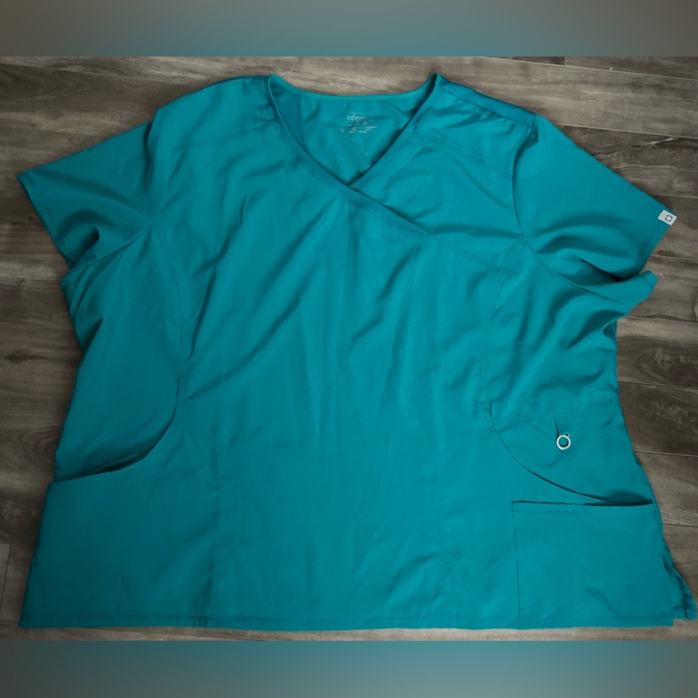 Cherokee Infinity Scrub Top Plus Size 5X Stretchy Pockets Ribbed Panel Teal Blue